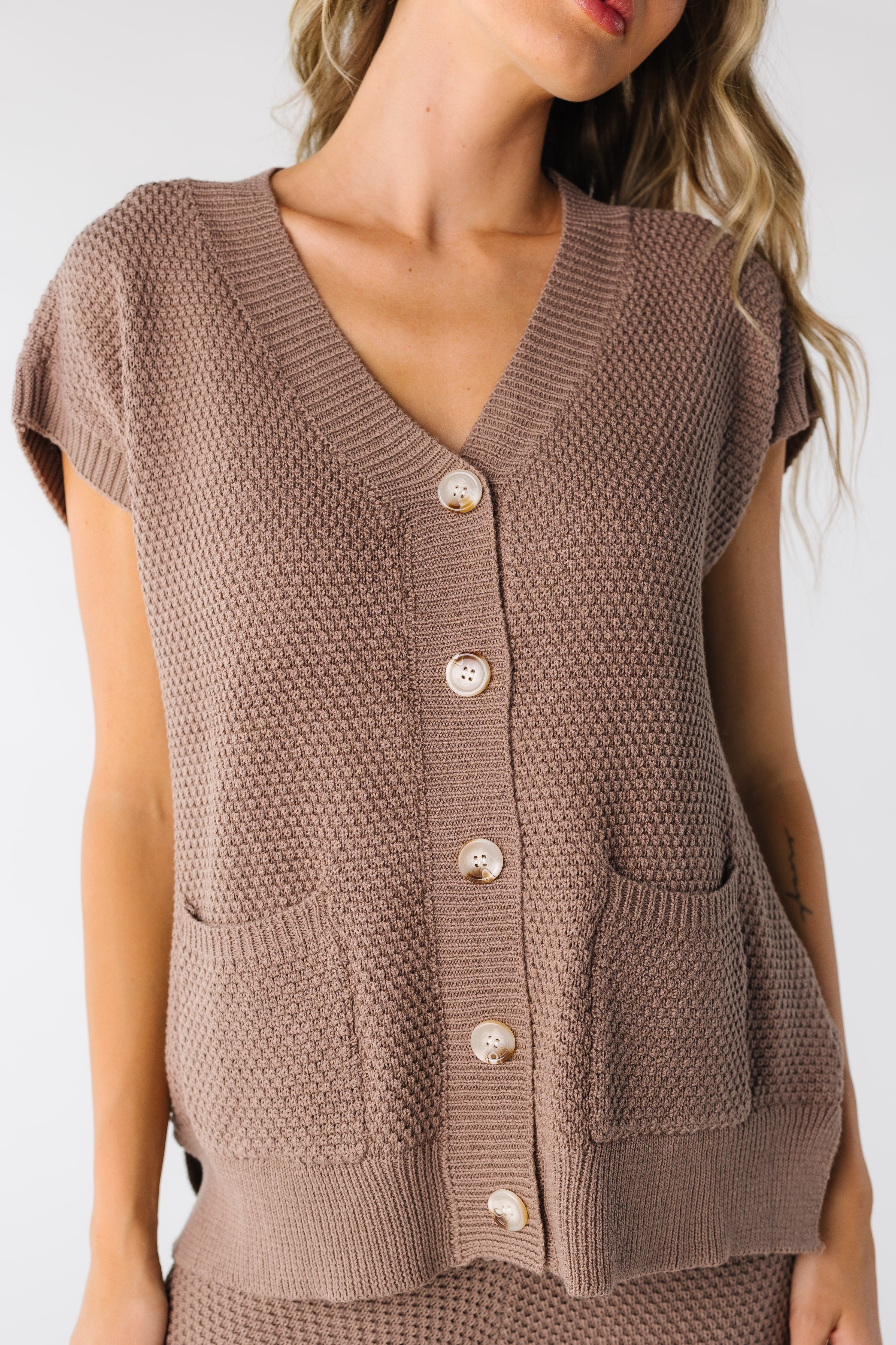 Ensemble gilet et pantalon à carreaux en jersey côtelé à boutons Dalia