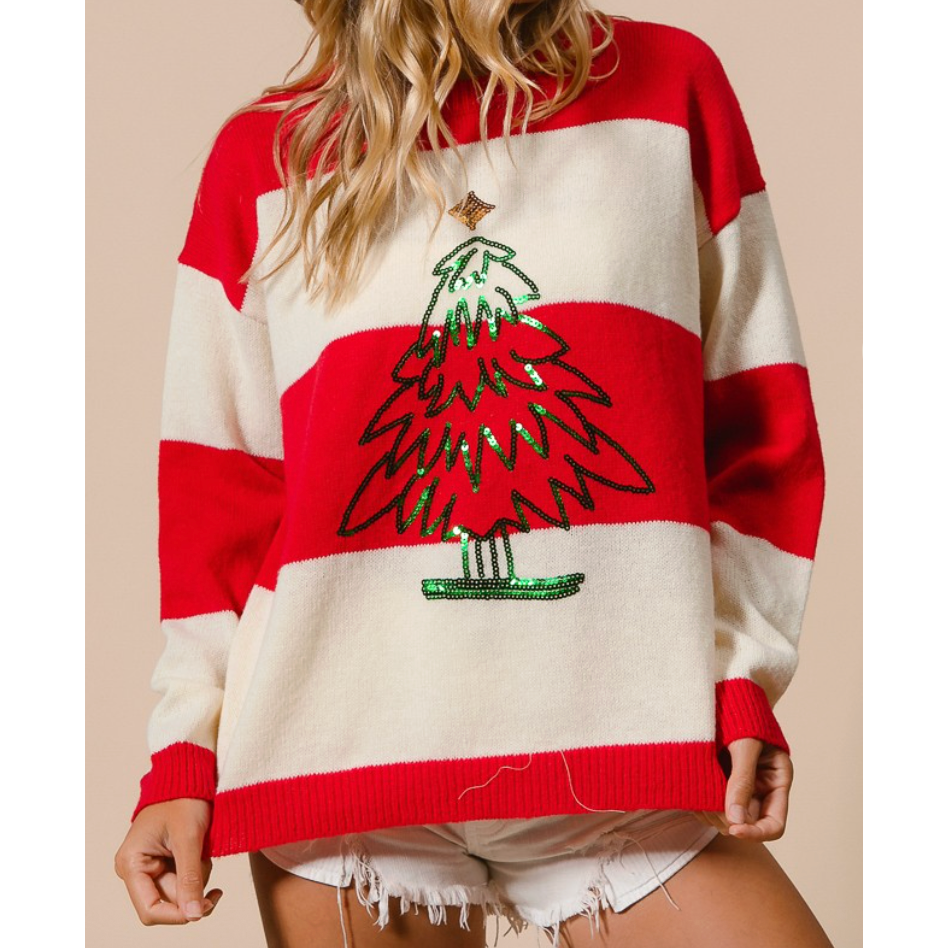 Pull à paillettes en forme d'arbre de Noël