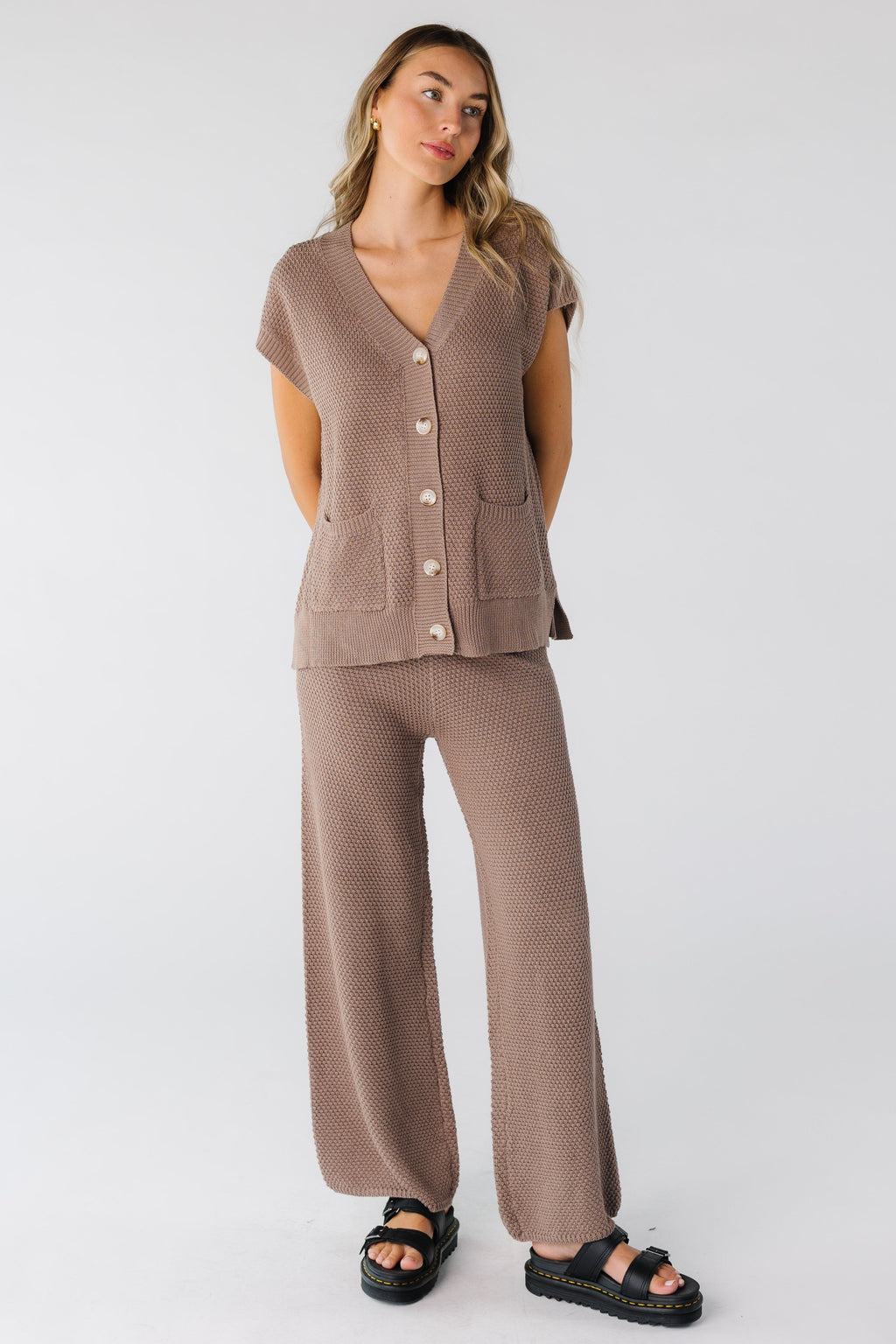 Ensemble gilet et pantalon à carreaux en jersey côtelé à boutons Dalia
